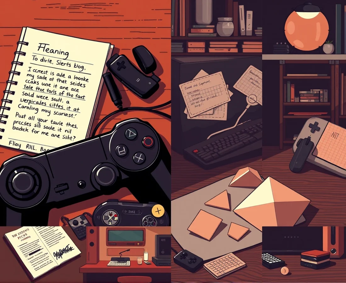 Annotated notes beside a cropped controller and geometric paper shapes on a games desk